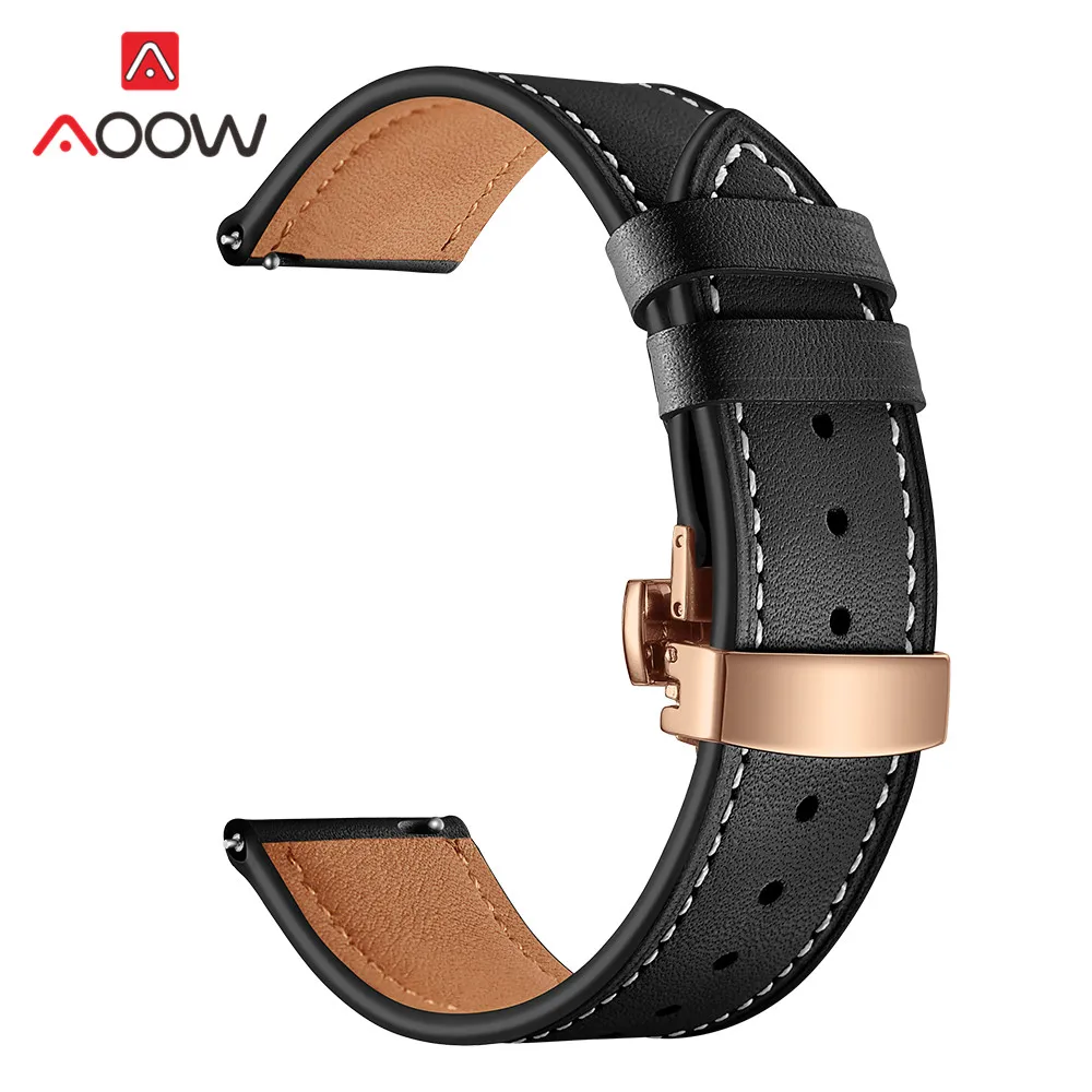 Black rose gold 20 мм 22 мм ремешок из натуральной кожи для samsung Galaxy Watch Active 42 мм 46 мм Бабочка Пряжка браслет ремешок аксессуары - Цвет ремешка: Black rose gold
