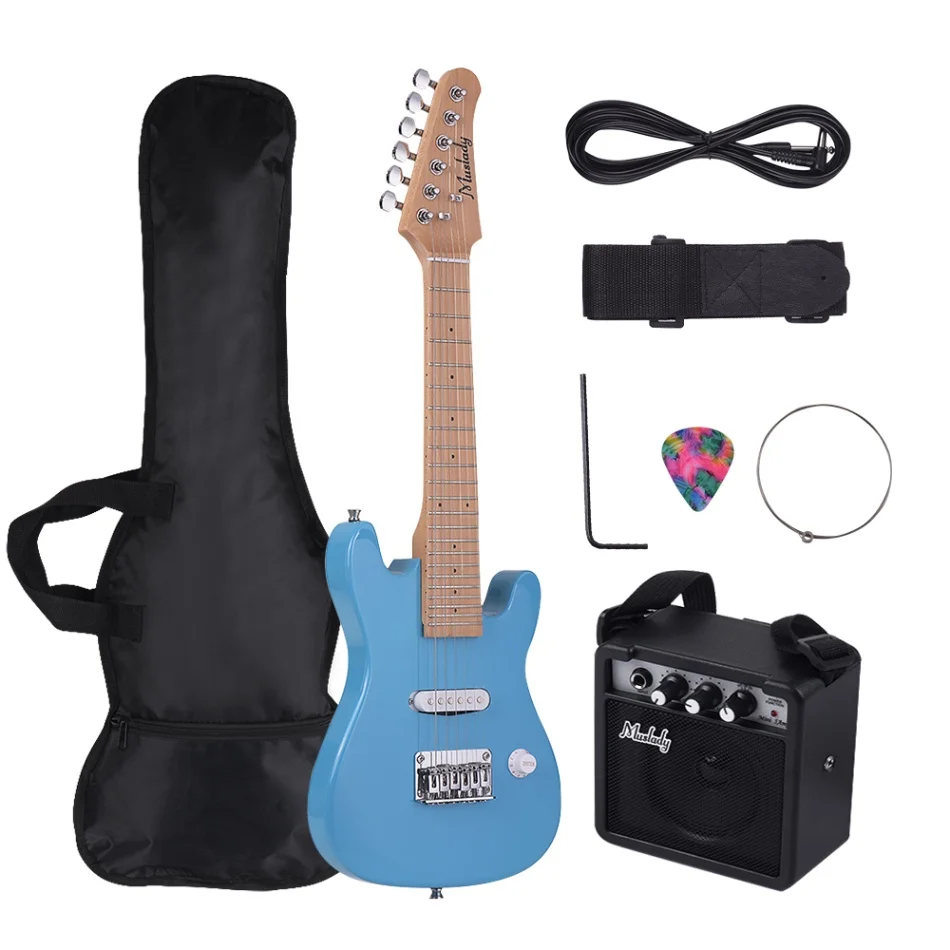Blue Muslady 28 дюймов ST набор электрических гитар клен средства ухода за кожей Шеи павловнии с усилители домашние гитары сумка ремень палочки строка кабель для детей - Цвет: Blue