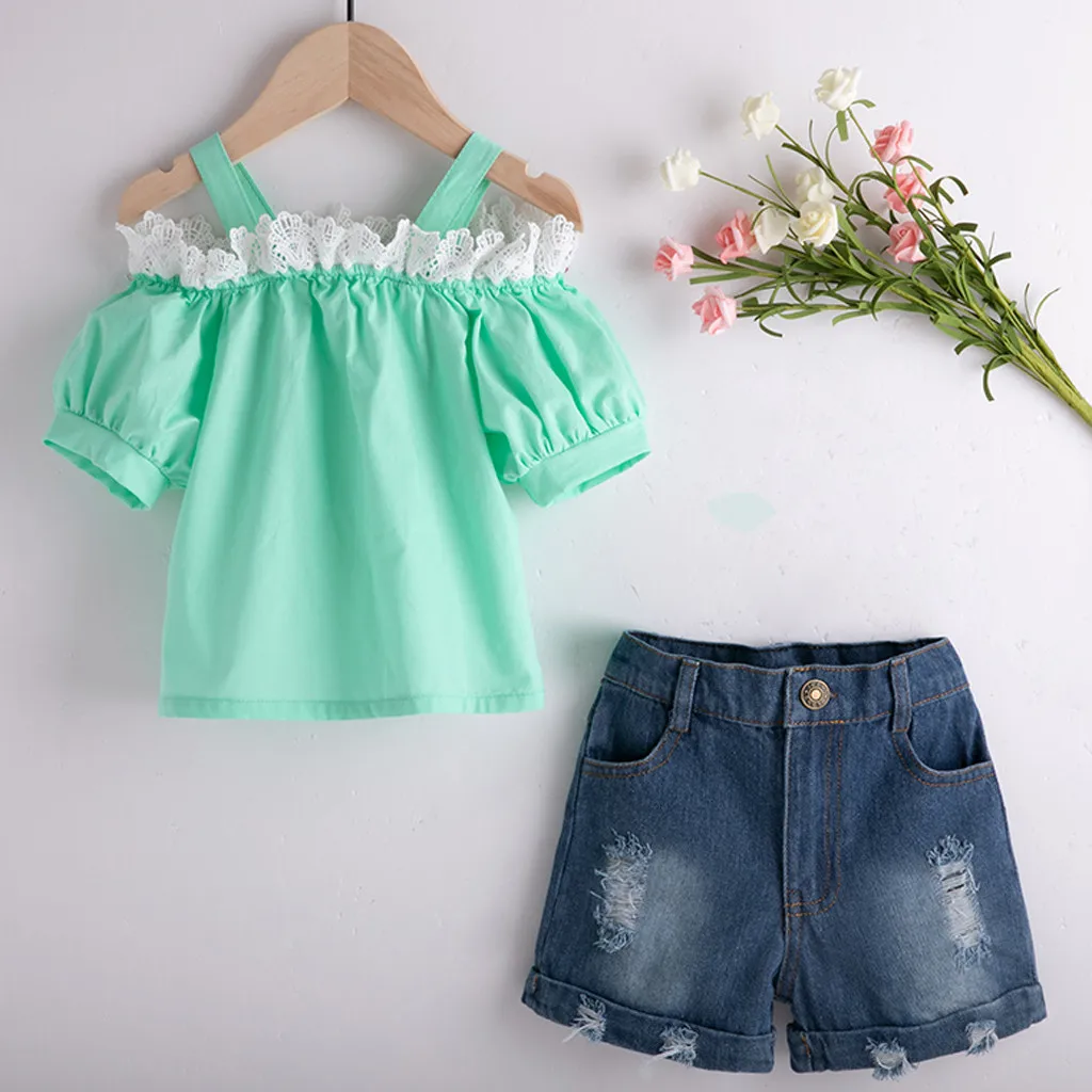 Кружевной топ с открытыми плечами для маленьких девочек джинсовые шорты