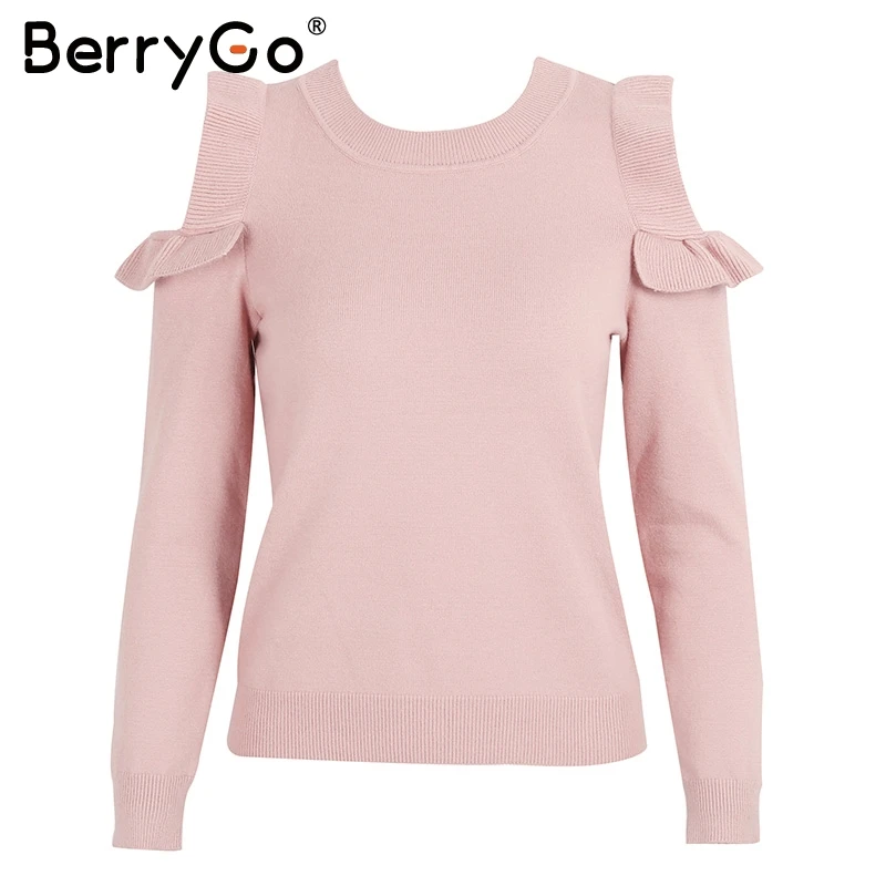 BerryGo Casual cold shoulder knitted sweater women Elegant Ruffle pink stringy pullover female Autumn winter jumper 2018 | Женская