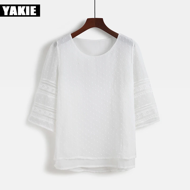 Женская шифоновая блузка с кружевом голубая или белая элегантная офисная тремя