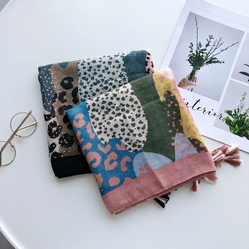 2019 Hot Sale Beautiful Leopard Tassel Scarves Shawls Cotton Ink Painting Beach Wrap Scarf Hijab Muffler Free Shipping |