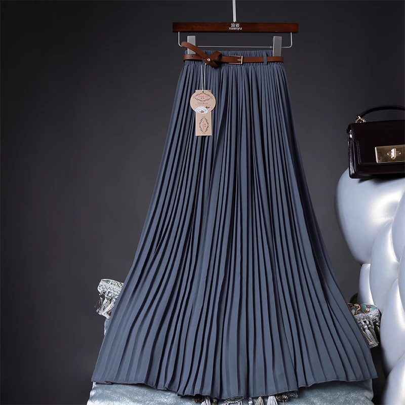 Blue Gray Высококачественная женская летняя юбка с высокой талией, винтажная Женская плиссированная юбка, Saias Femme Boho белая длинная шифоновая юбка, уличная одежда - Цвет: Blue Gray