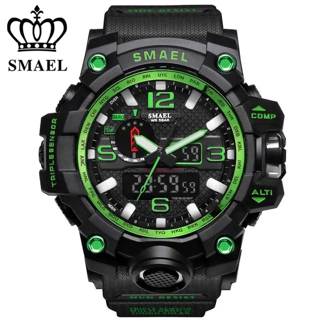 1545BKGN SMAEL бренд спортивные часы для мужчин Dual Time Камуфляж Военная Униформа часы для мужчин армия светодиодные цифровые наручные часы 50 м водонепроница - Цвет: 1545BKGN