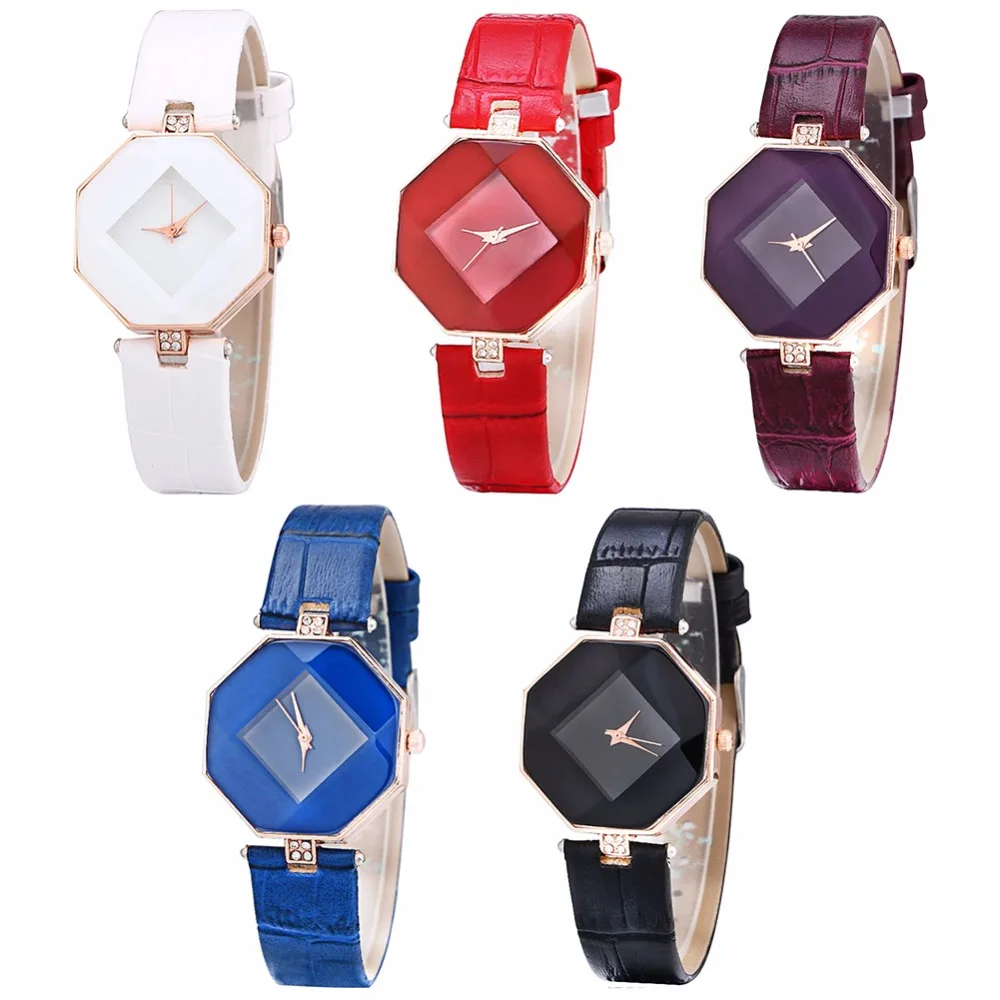Женские кварцевые часы с кожаным ремешком модные Octagon ромб Циркон Бизнес