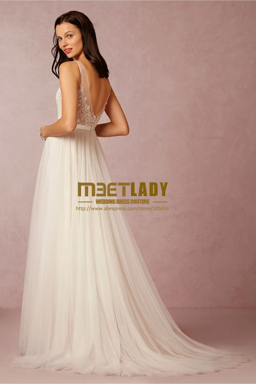 Индивидуальные Сделано Новый A-Line V-образным Вырезом Спинки Блестки Свадебное