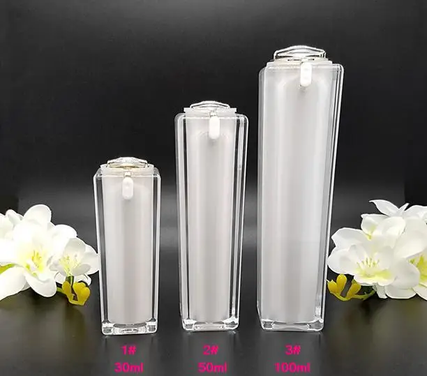 

Бесплатная доставка, 50 мл, 6 шт./лот, Высококачественная Квадратная Белая акриловая бутылка для косметики, подходящая бутылка, прессовая эму...