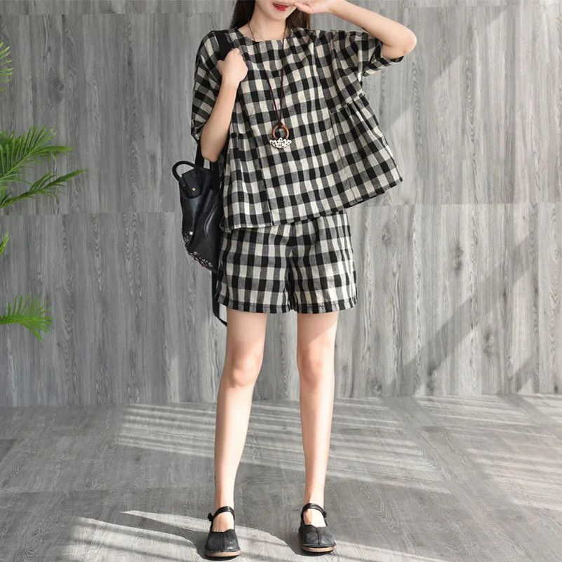 Summer Womens Cotton Linen Plaid Tops + Pants 2 Piece Set Female Blouse &amp Shorts Suit Plus Size Casual Office Lady Two |