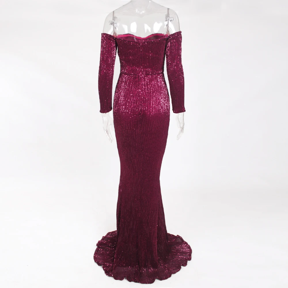 Бордовое эластичное вечернее платье с блестками вырезом лодочкой открытыми