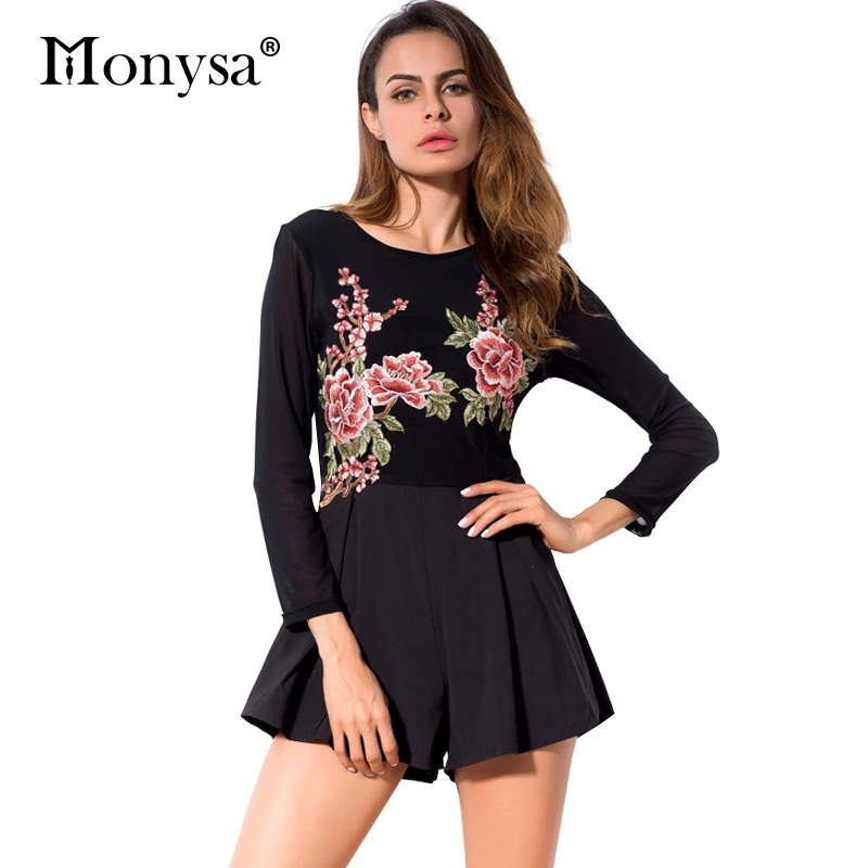 Комбинезоны Женщины Тенденции Моды Цветок Вышивка Загрузки Cut Черный