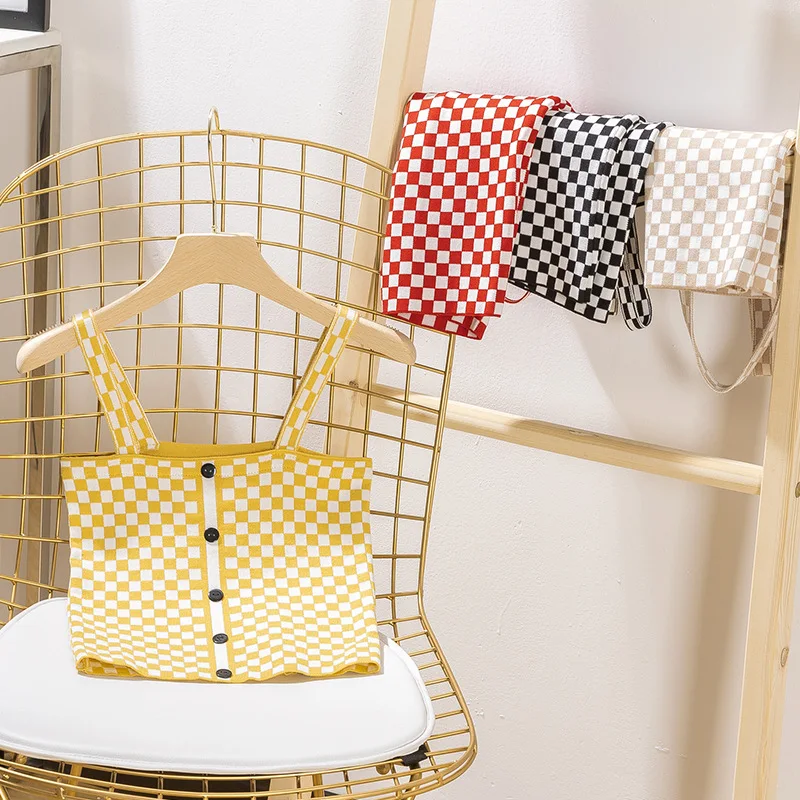 Женский клетчатый жилет повседневный трикотажный топ на бретелях без рукавов