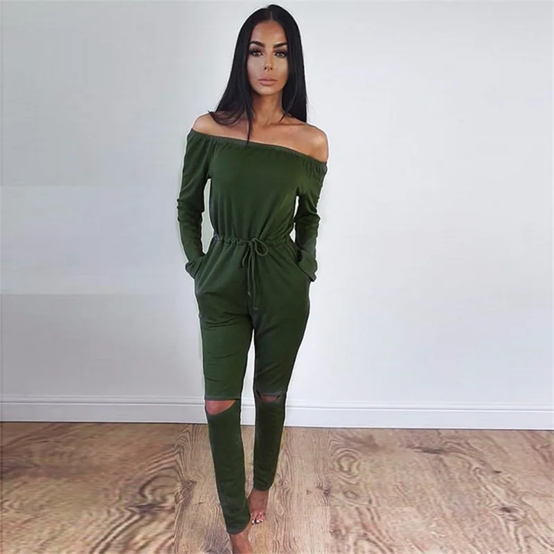 

New Off Shoulder Sexy Jumpsuits Casual Slash Neck Long Sleeve Elegant 2021 Women Rompers Bodysuit Solid Overalls Pocket jumpsuit