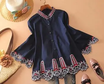 navy blue Женская Весенняя Осенняя Повседневная Свободная рубашка с длинными расклешенными рукавами женская винтажная национальная английская блузка с вышивкой TB117 - Цвет: navy blue