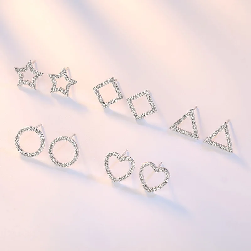 

925 Sterling Silver Geometric Desgin Shiny Zircon Stud Earrings for Women Wholesale Jewelry Birthday Gift Drop Shipping