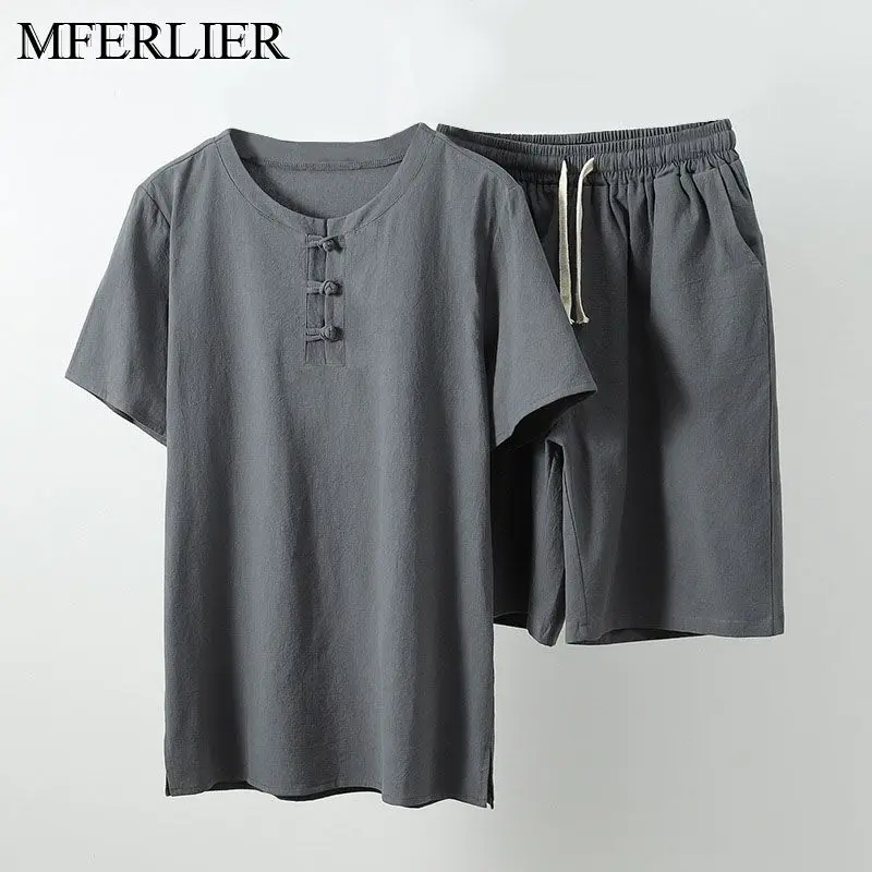 MFERLIER Летняя мужская рубашка 5XL 6XL 7XL 8XL 9XL 10XL бюст 157-162 см размера плюс льняная рубашка большого размера с шортами Мужская 5 цветов