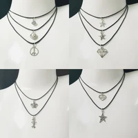 hot fashion statement necklaces vintage silver plated pendant necklace gothic black leather choker necklace for women gift