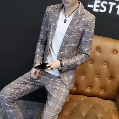 

Men's Suits Spring Summer New Leisure Striped Small Suits Korean Trend Slim Fit Casual Plaid Suit 2-piece Set Jacket+pant Male