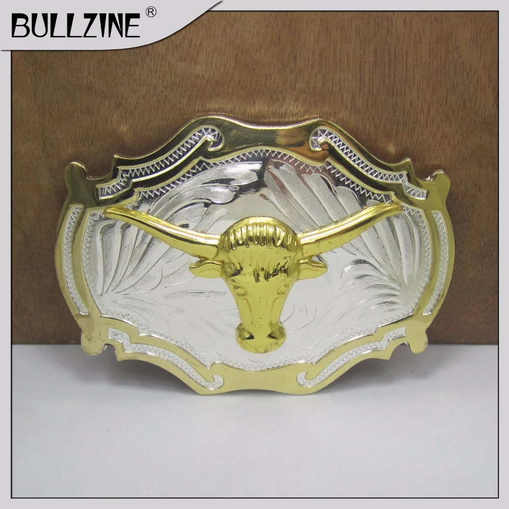 Пряжка для ремня Bullzine western bull с серебристым и золотым покрытием FP-03534 шириной 4 см |