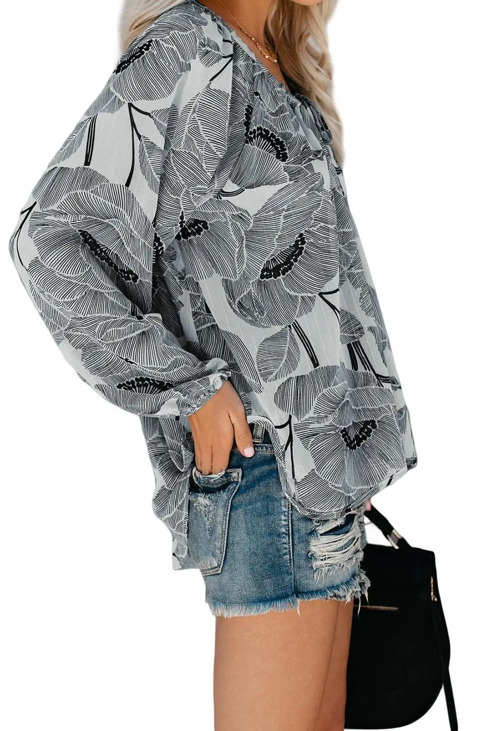 Женская блузка с цветочным принтом разрезом и длинным рукавом|Блузки| |