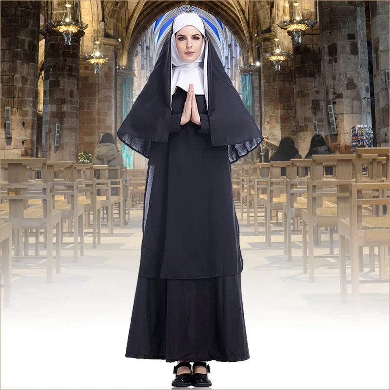 

DJGRSTER Virgin Mary Nuns Costumes for Women Arabic Religion Monk Ghost Uniform Halloween Sexy Long Black Nuns Costume Cosplay