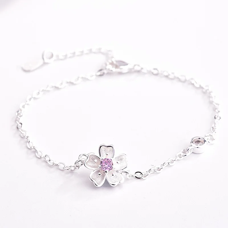 sakura pink OMHXZJ,, Европейская мода, женский, для вечеринки, дня рождения, свадьбы, подарок, Сакура, AAA, циркон, 925 пробы, серебряный браслет, BA117 - Цвет камня: sakura pink