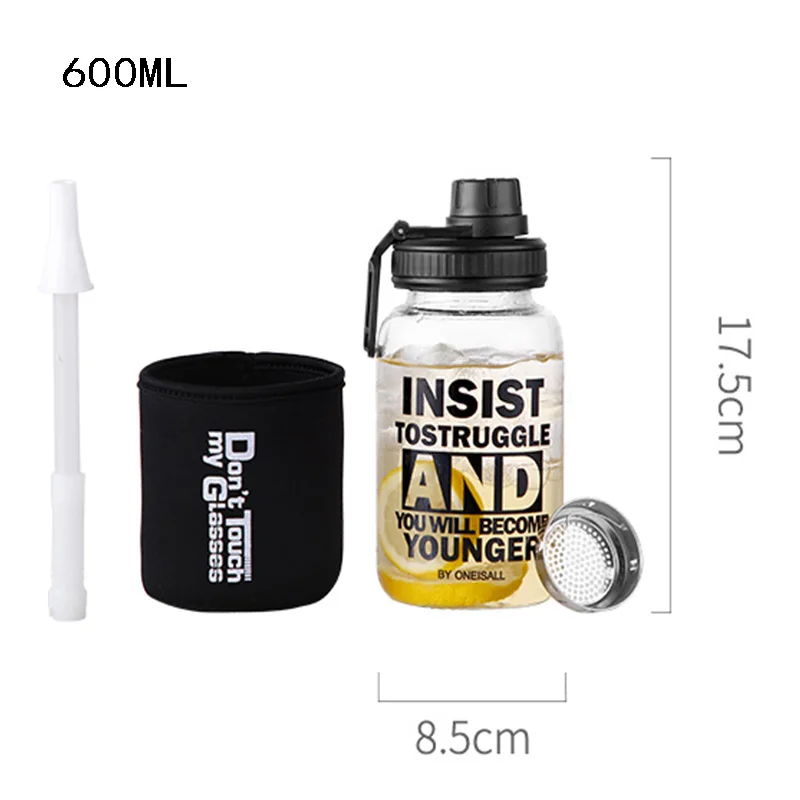 600ml Black 1000 мл 600 мл стеклянная бутылка для воды спортивная уличная большая емкость бутылка для воды соломинка 304 нержавеющая сталь Чайный фильтр бутылка рукав - Цвет: 600ml Black