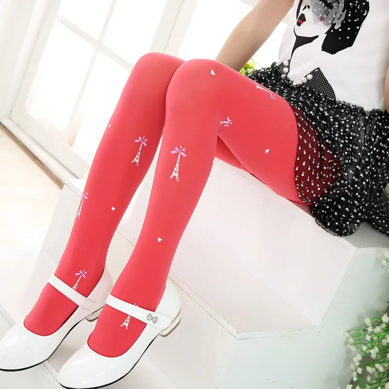 Осенние колготки для девочек с изображением Эйфелевой башни детские вязаные