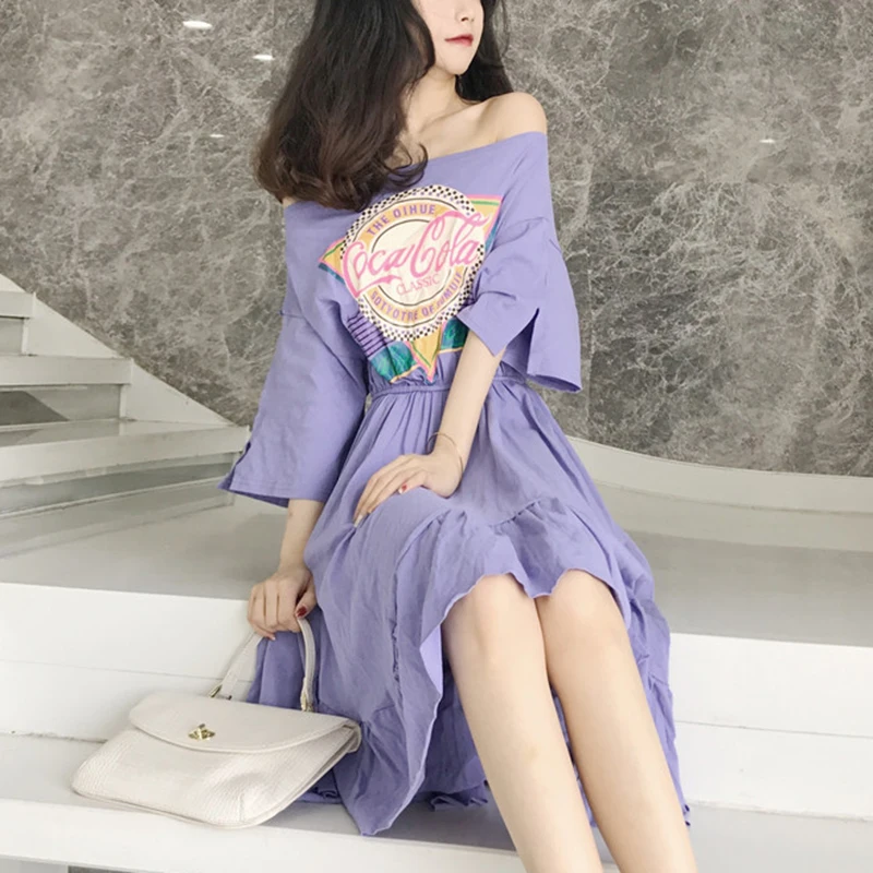 PERHAPS U black white purple slash neck flare ruffle half sleeve midi dress summer letter print asymmetrical Mermaid D1165 | Женская