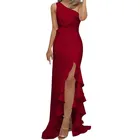 Женское вечернее платье макси на одно плечо вечерние с воланом, без рукавов