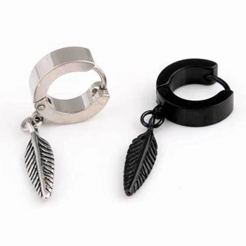1 Pair Of Feather Pendant Titanium Steel Male Earrings Punk Earrings Fashion Personality Women's Men's Ornament Decoration