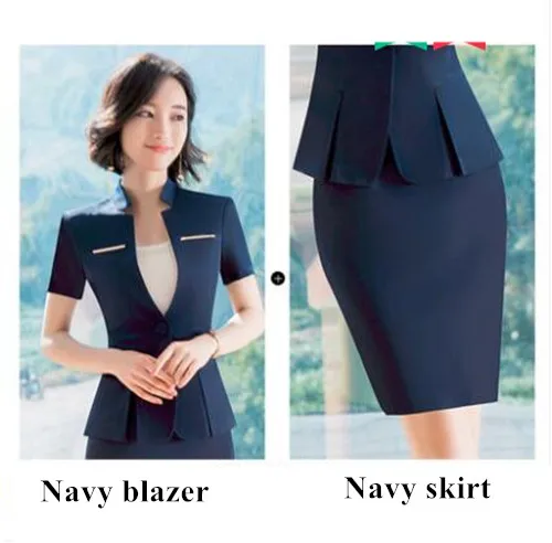 Navy coat and skirt Модный женский костюм с юбкой, деловой летний формальный модный Тонкий Блейзер с v-образным вырезом и юбка, Офисная Женская одежда размера плюс для работы - Цвет: Navy coat and skirt