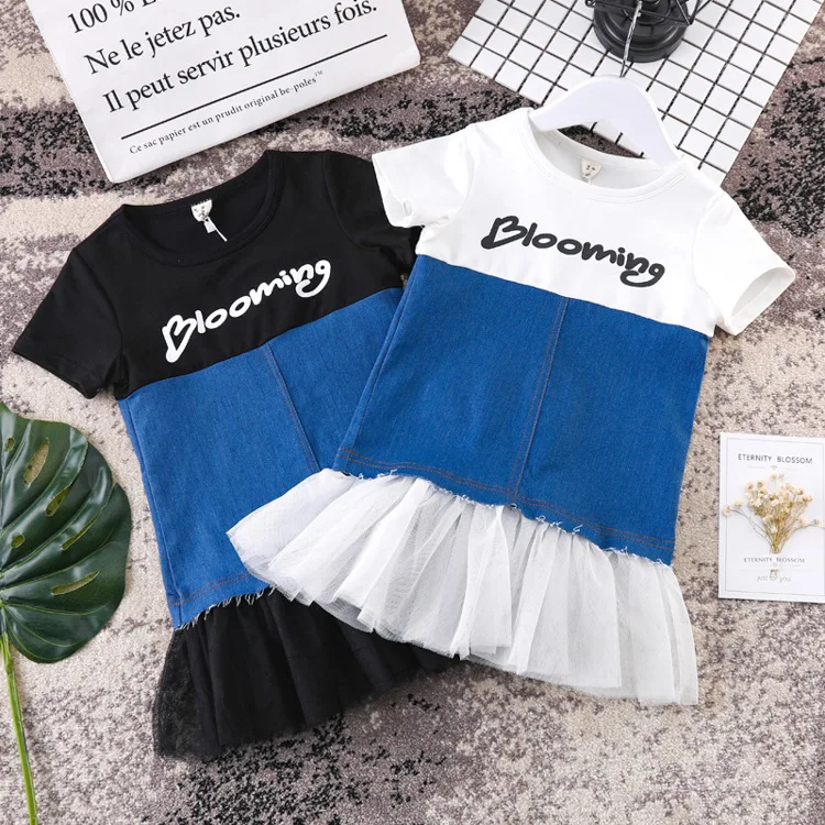 Girls summer 2018 new net yarn stitching girls cotton denim dress girl princess | Детская одежда и обувь