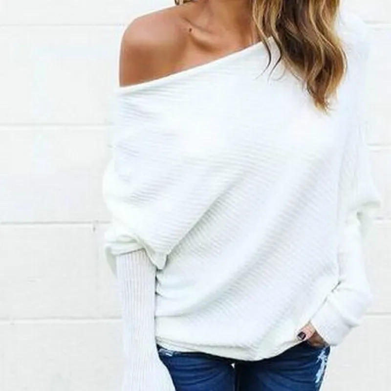 

Women Pullover Sweater 2018 Autumn Winter Knitted Sweater Jumper Sexy One Off Shoulder Loose Knitted Tops For Ladies Pull Femme