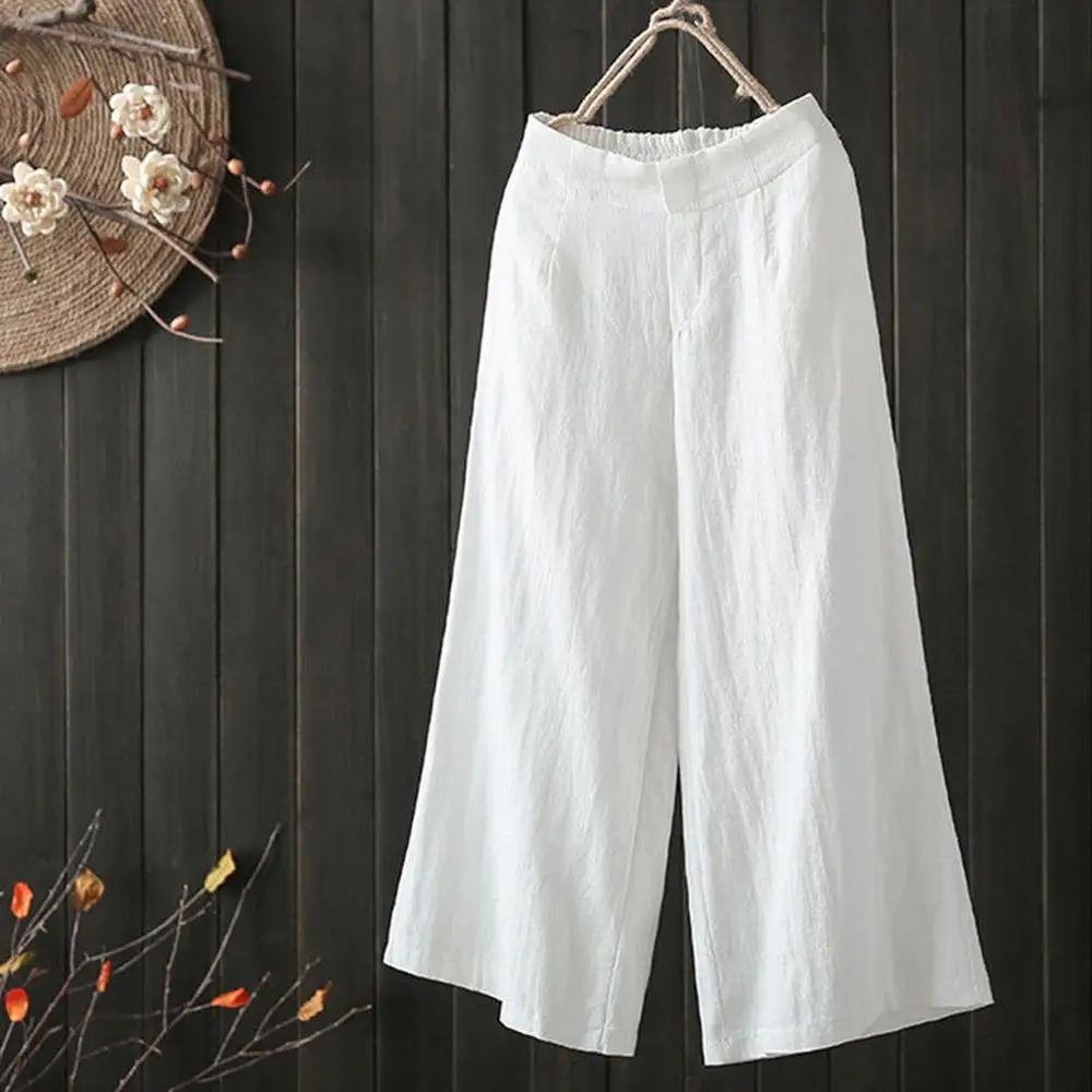 

Cotton Linen Wide Leg Pants Women High Waist Loose Straight Ankle-Length Pants Womens Summer Beach Wear Palazzo Trousers