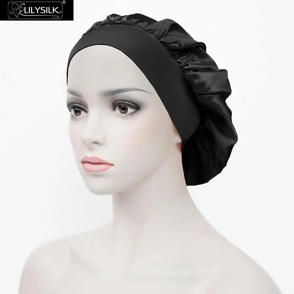 Black LilySilk шапка спящий шелк натуральный 19 Momme ночной головной убор для сна волосы один размер Ночной Люкс - Цвет: Black