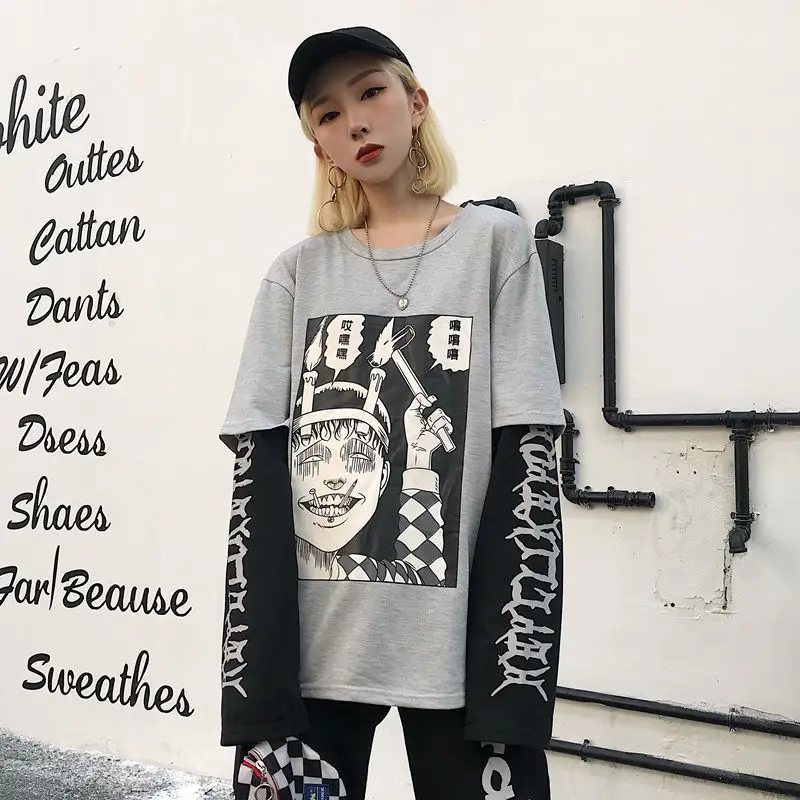 Модная футболка Femme Harajuku Street Horror, футболка с длинными рукавами и принтом комиксов, женская одежда, корейский женский топ Ulzzang