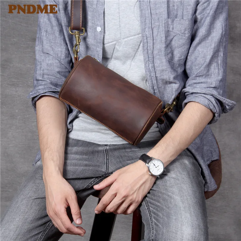 

PNDME fashion vintage genuine leather men's chest bag casual simple daily light crazy horse cowhide crossbody bags for men