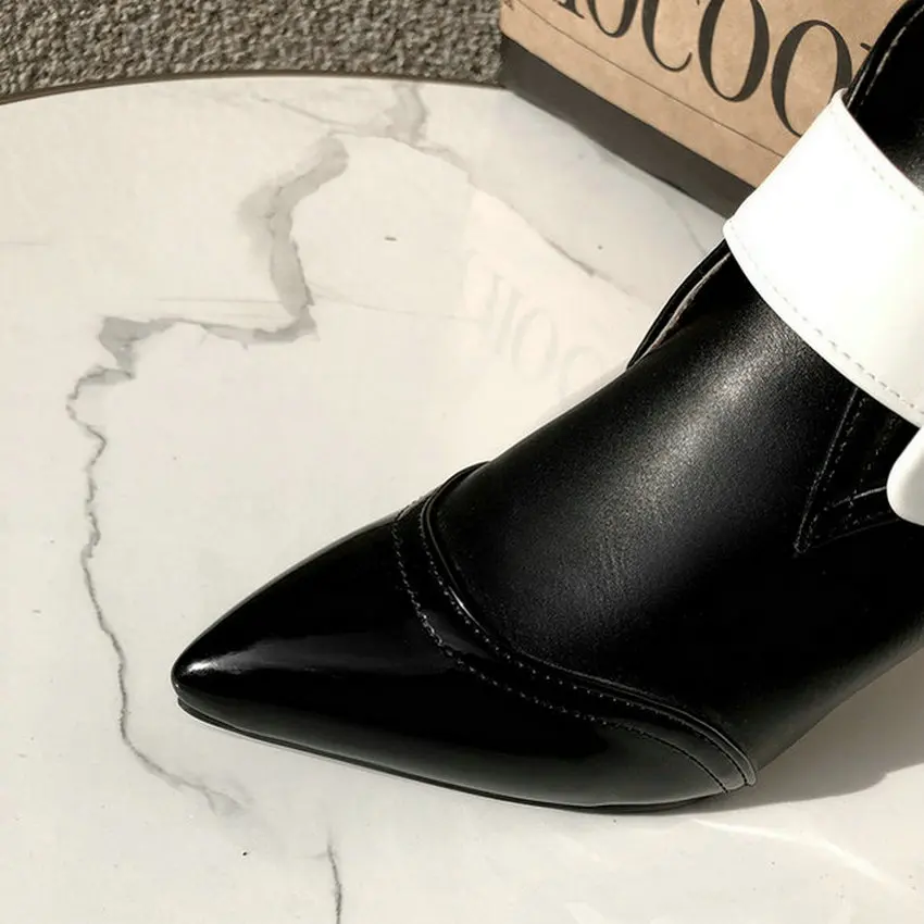 QUTAA Patent Leather Mixed Color Buckle Strap Women Shoes Autumn Winter Sexy Thin Heel Pointed Toe Ankle Boots Size 34-43