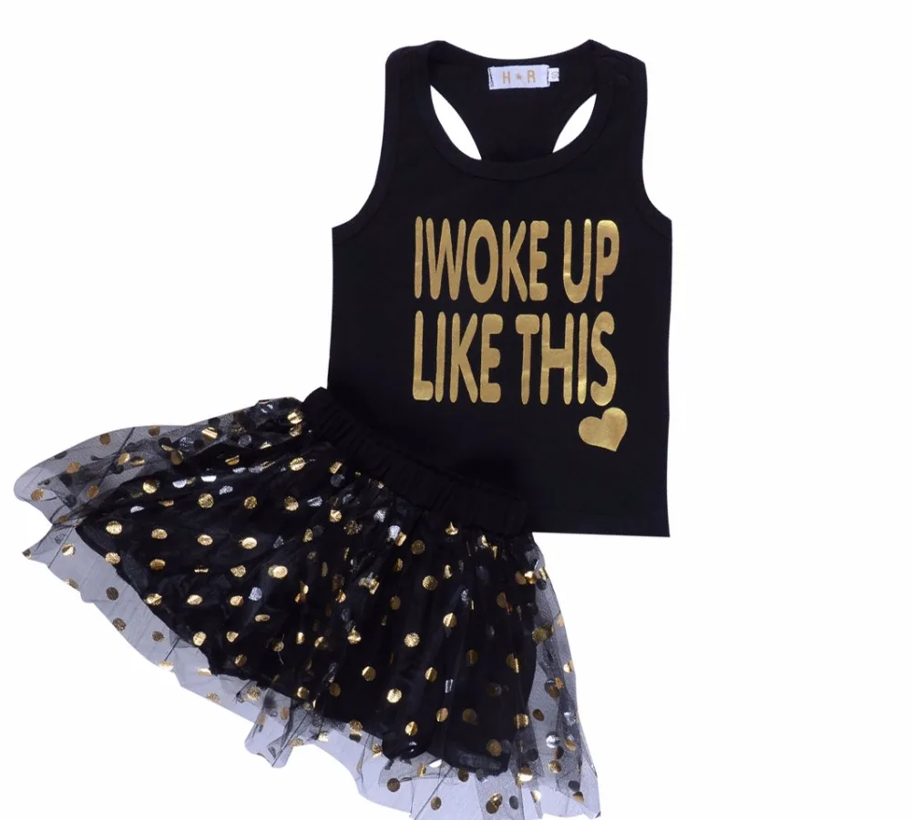Baby Girls Clothing Suit Sleeveless Woke Up Print Black Tops Vest Ruched Ruffle Skirt 2pcs Bebe Clothes Sets | Мать и ребенок