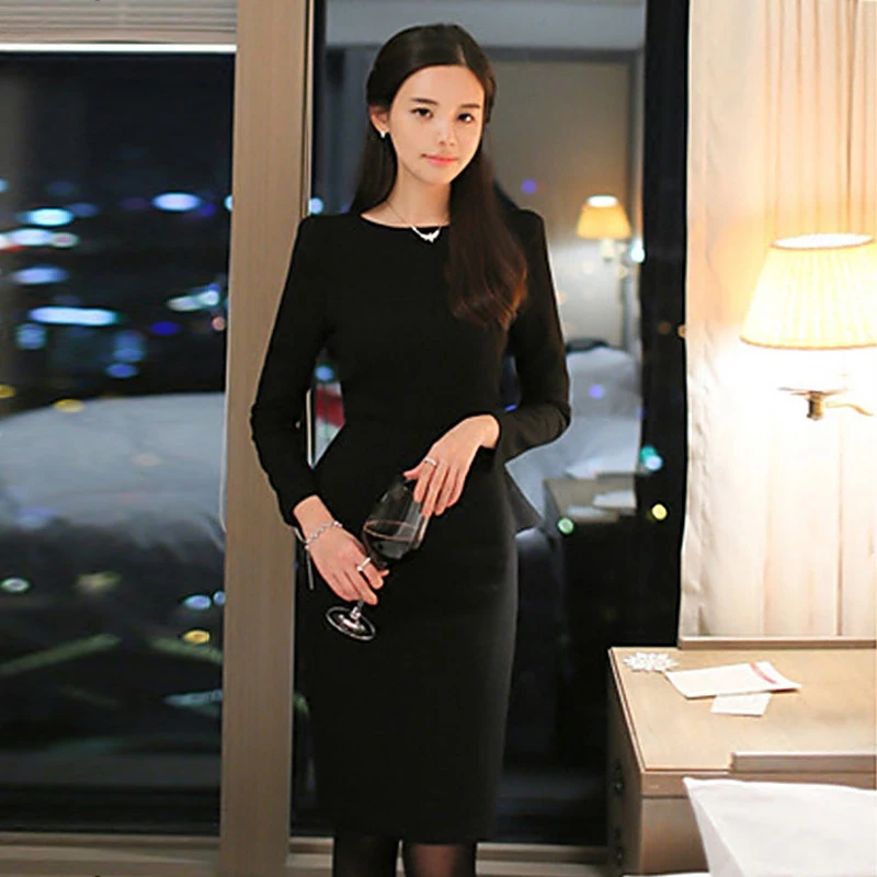 Foamlina Women Elegant Autumn Winter Long Sleeve Fitted Vintage Bodycon Dress O-neck Peplum Casual Office Ladies Pencil Dresses | Женская