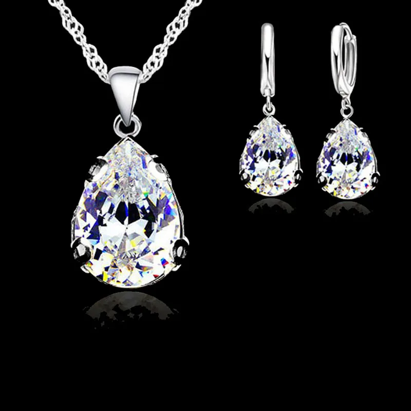 

Genuine 925 Sterling Silver Austria Crystal Water Drop Pendant Necklace Earring Jewelry Set for Women Wedding Engagement