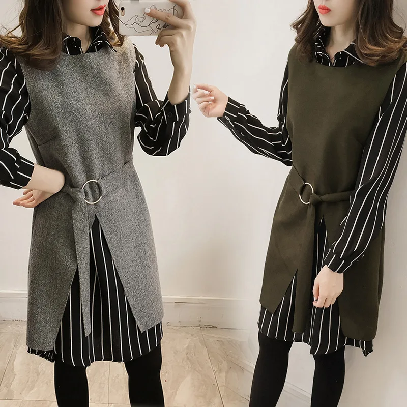 Женская одежда 2018 осенняя и зимняя новая рубашка в полоску шерстяной жилет