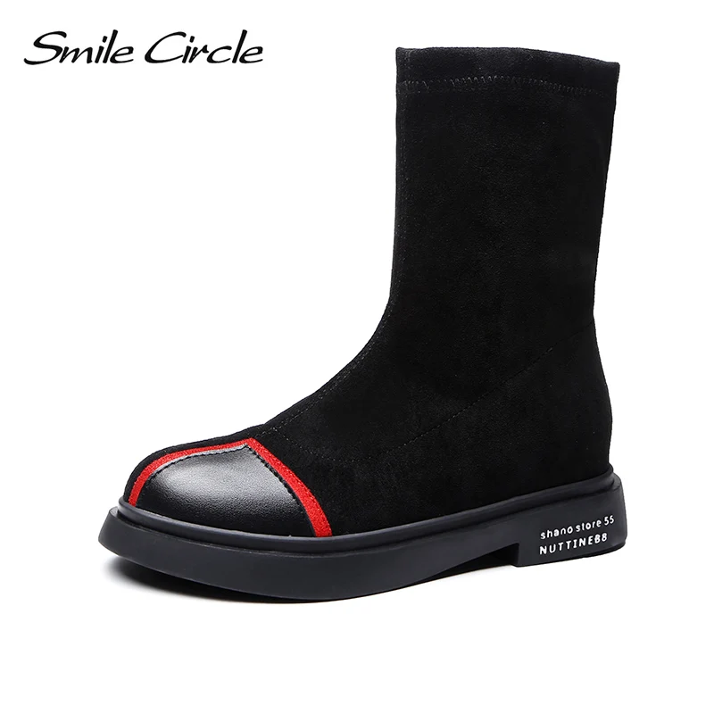 Эластичные Замшевые полусапожки со смайликом женские ботинки без застежки с
