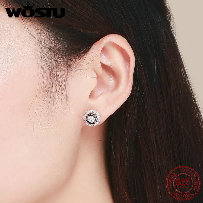 Женские круглые серьги-гвоздики WOSTU серебристые розовое золото 100% 925 пробы