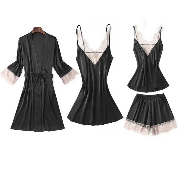 

4 Pieces set spring autumn pajamas for women silk lace sleepwear pijamas female summer shorts sexy pyjamas set pijama mujer