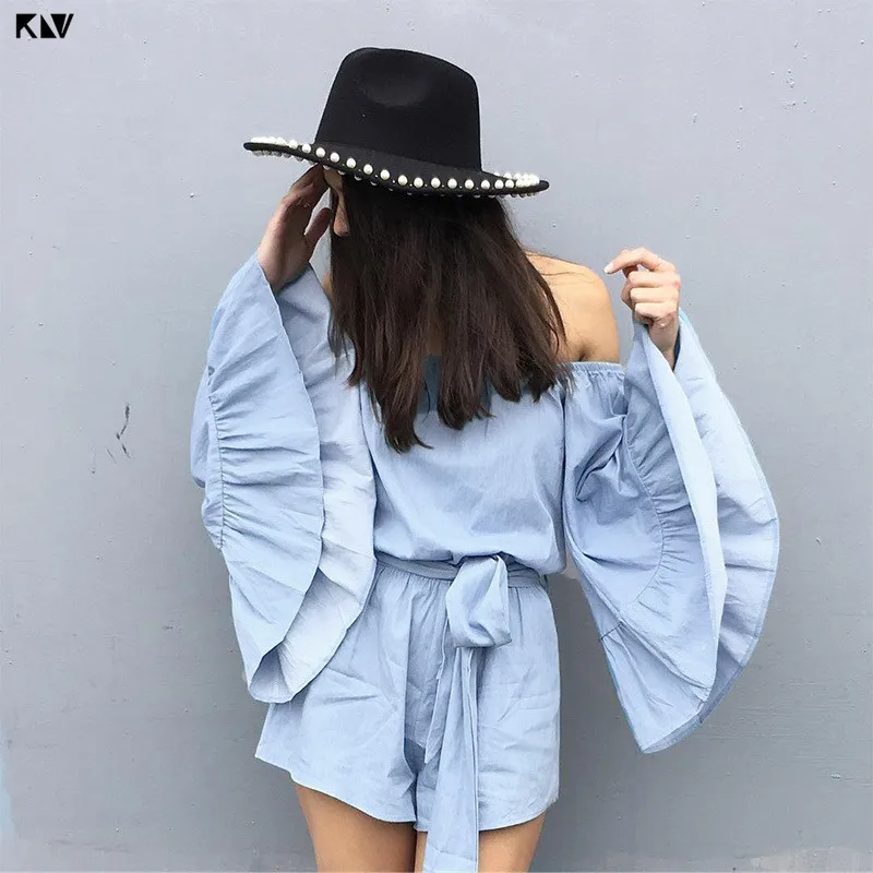 KLV женский комбинезон с открытыми плечами и расклешенными рукавами Летний