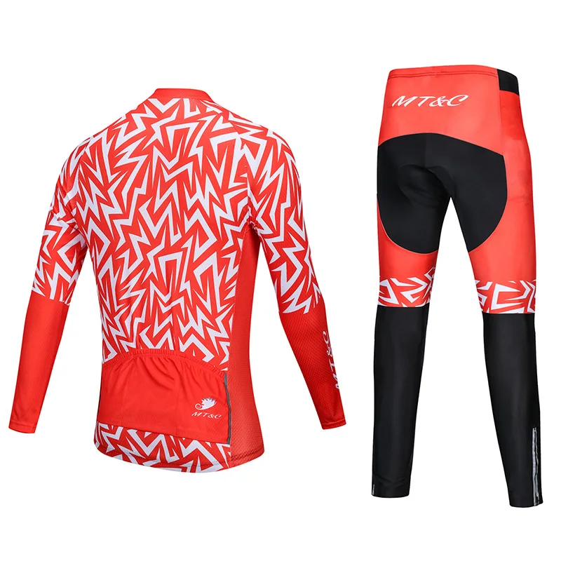 MT&ampC Red Lightning Stripes Cycling Jersey Set Breathable Clothes Quick Dry Gel Pad Bicycle Spring Autumn Sportswear Bike |