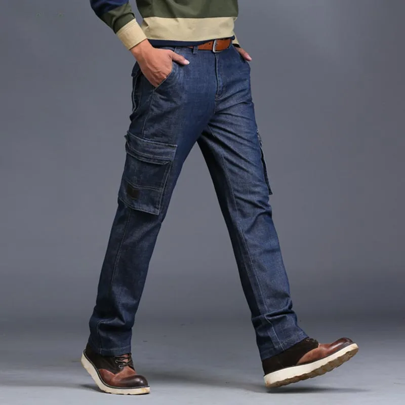 New Brand Military Jeans Denim Pants Men Cotton Cargo Loose Baggy Pockets Straight Trousers Autumn Winter Bottoms | Мужская одежда