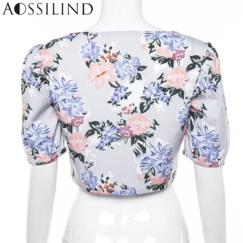 

AOSSILIND Fashion Puff Sleeve Floral Print Short T-shirt Women 2019 Summer Square Collar Short Sleeve Crop Top Sexy Tshirt Tops