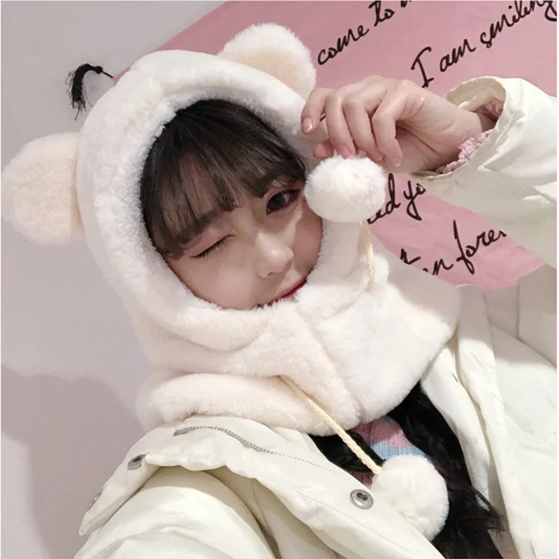 

2018 Fashion Women Winter Cartoon Bear Cap Scarf Coral Velvet Hat Female Bomber Hats Christmas Gift AD0693